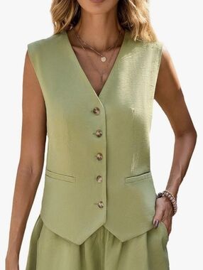 Mina Self Linen Vest Top Summer Lihtweight Breathable V-Neck Button Down Size L